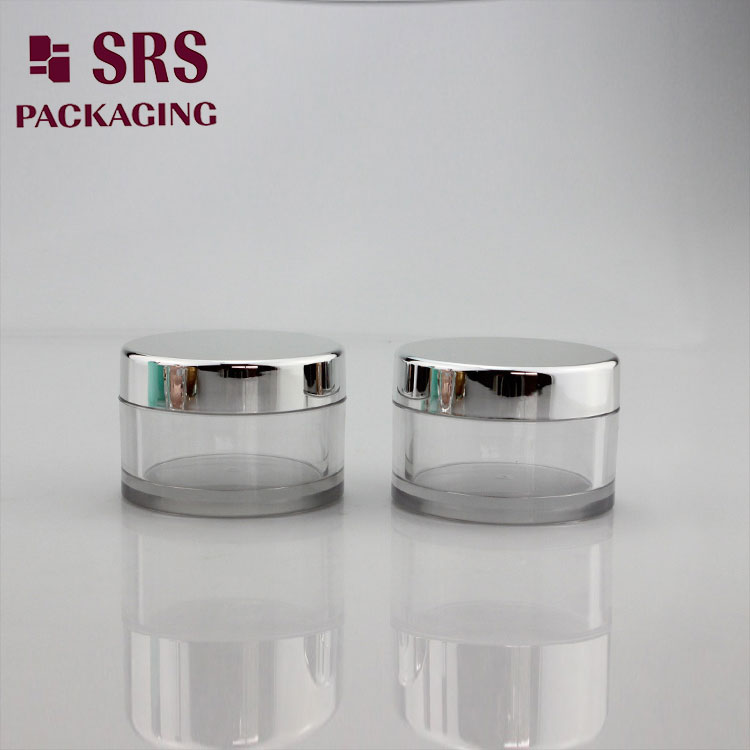 SRS 50ml empty plastic clear PETG cream jar with silver cap