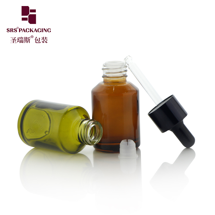 New Arrival Sloping Shoulder 30ml Amber Green Glass Essential Oil Dropper Bottle
