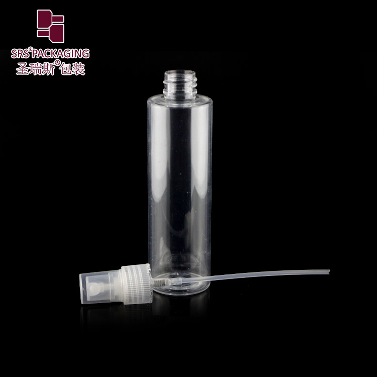 SRS empty clear transparent flat shoulder 100ml Pet bottle With white spray