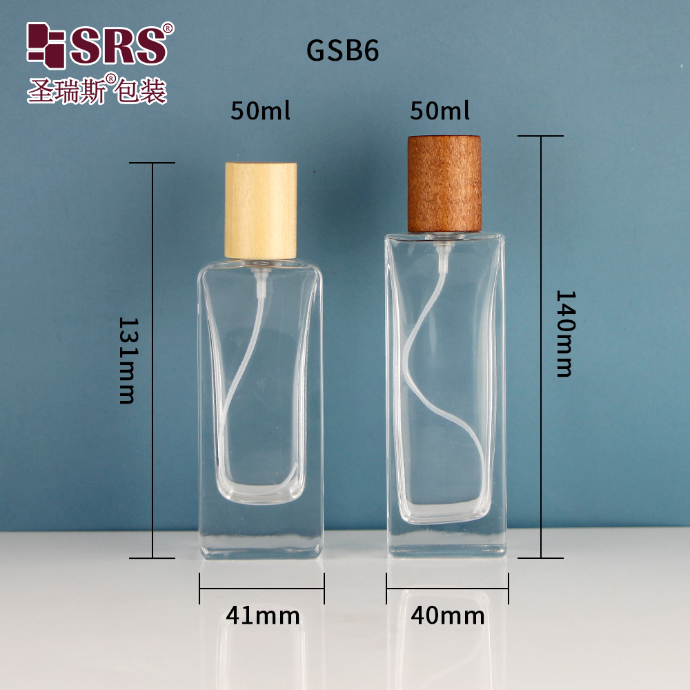 Luxury Design 50ml Square Glass Empty Refillable Spray Beautiful Perfume Bottle with Wooden Lid