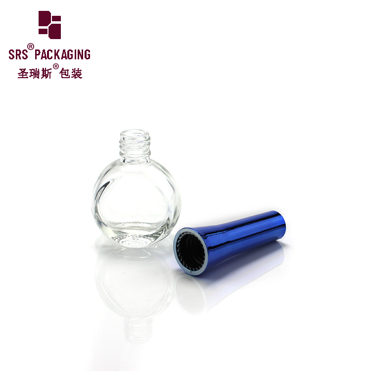 Round Clear 9ml Nail Polish Glass Bottle with Silver Blue Cap and Brush