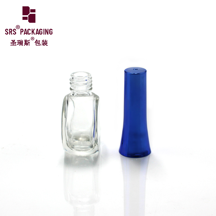 Round Clear 9ml Nail Polish Glass Bottle with Silver Blue Cap and Brush