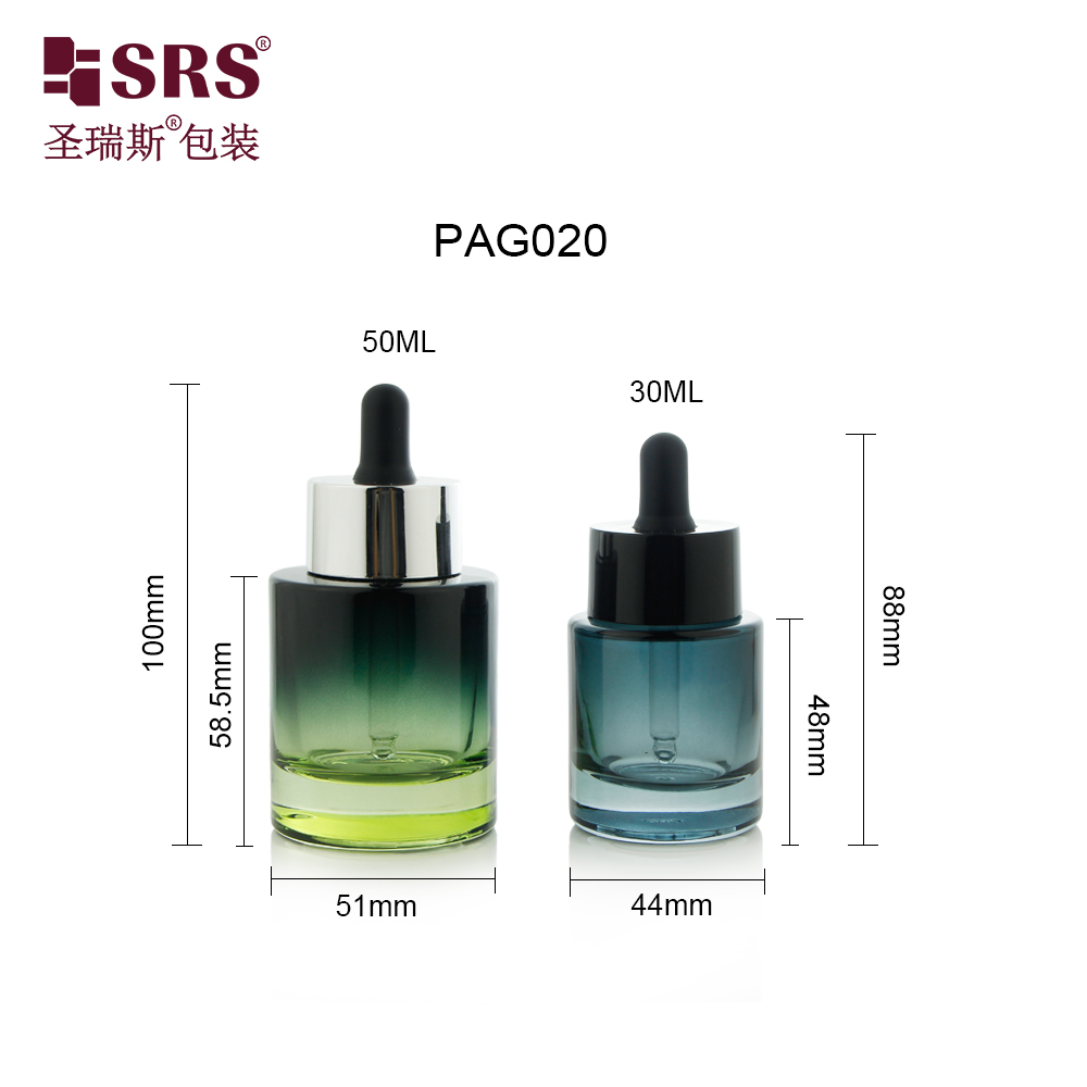 Flat Shoulder 30ml 50ml Cosmetic Colorful Serum Essential Oils Glass Dropper Bottle 