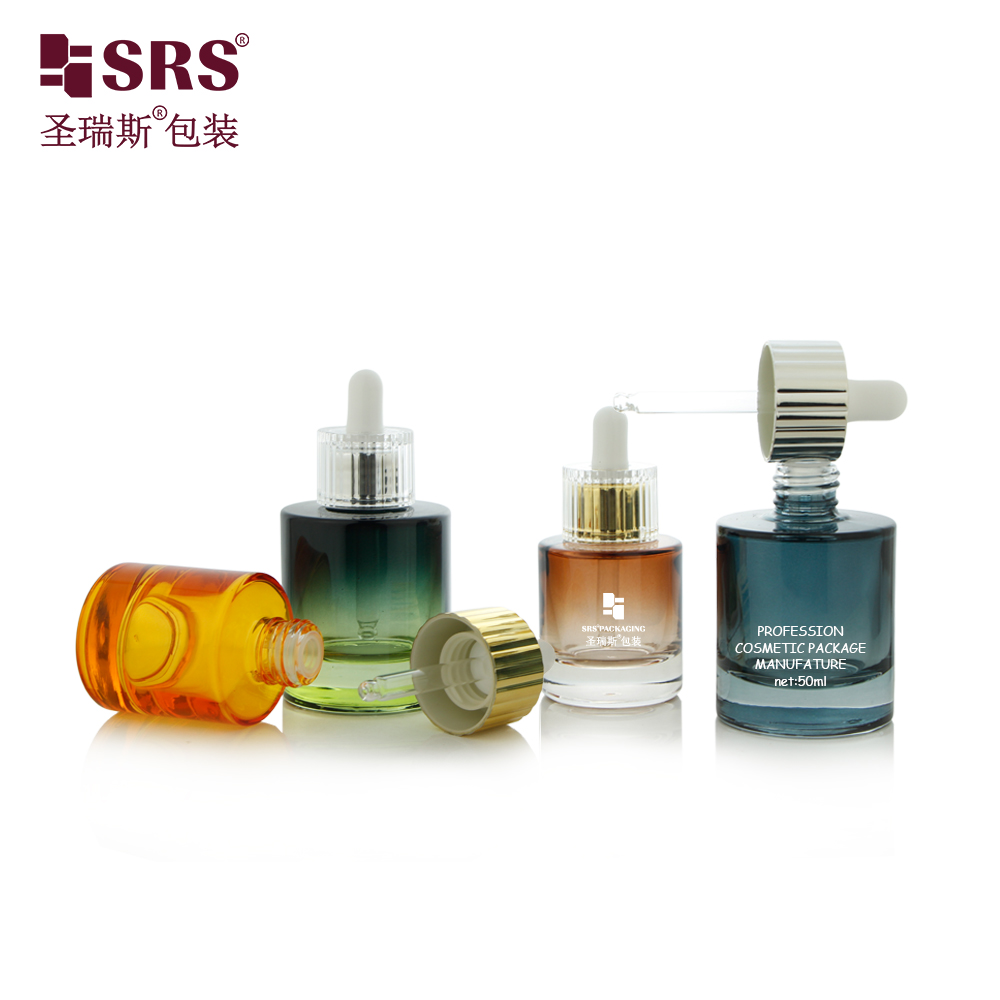 Flat Shoulder 30ml 50ml Cosmetic Colorful Serum Essential Oils Glass Dropper Bottle 