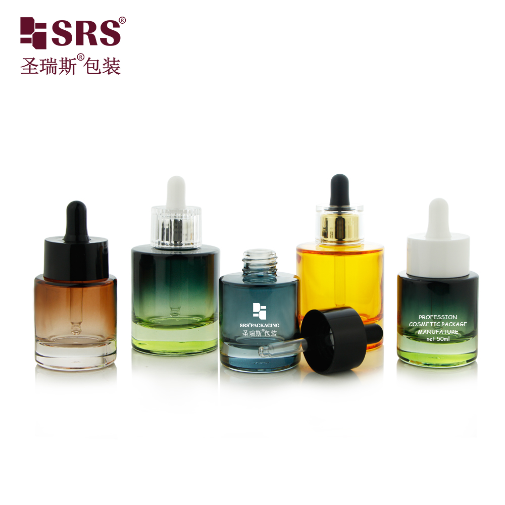 Flat Shoulder 30ml 50ml Cosmetic Colorful Serum Essential Oils Glass Dropper Bottle 