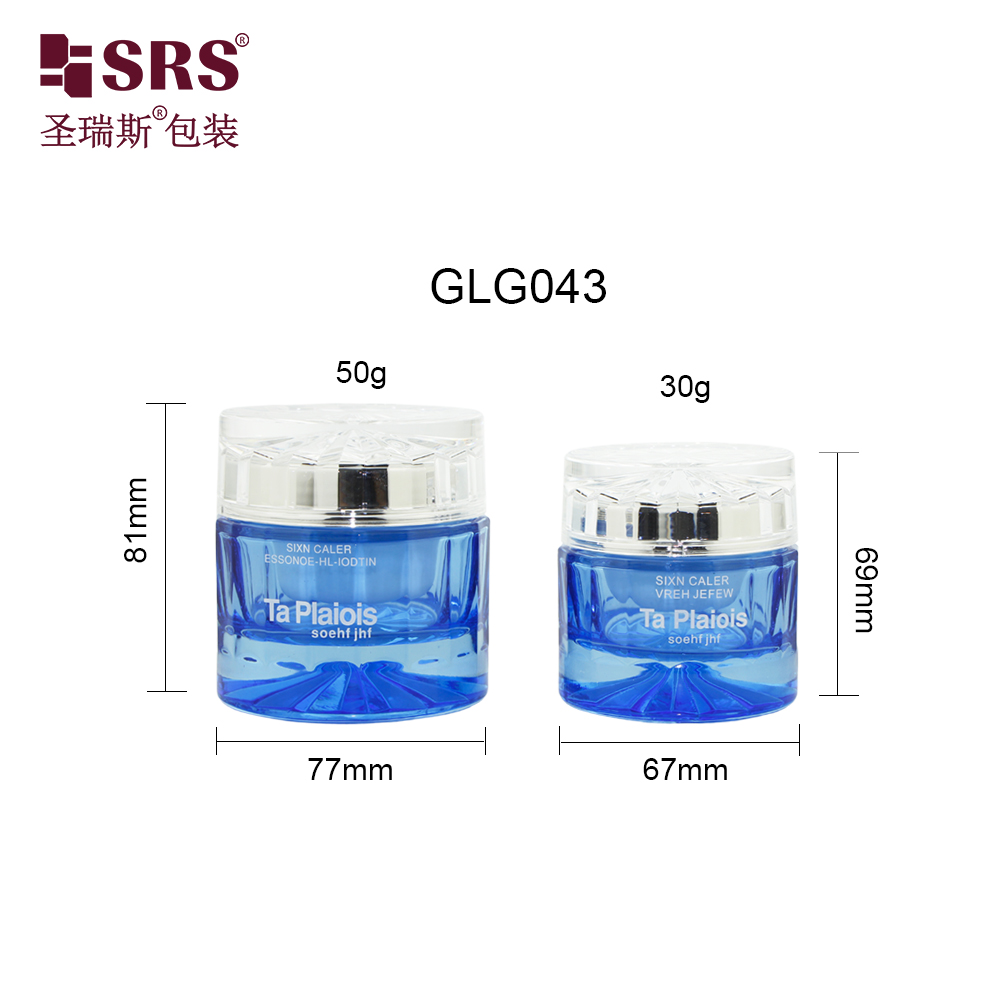 Hot Selling 30g 50g Luxury Cylinder Blue Skin Care Product Cosmetic Glass Bottle Jar Container Set