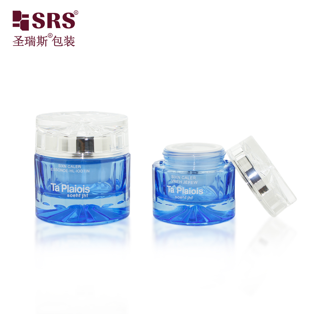 Hot Selling 30g 50g Luxury Cylinder Blue Skin Care Product Cosmetic Glass Bottle Jar Container Set