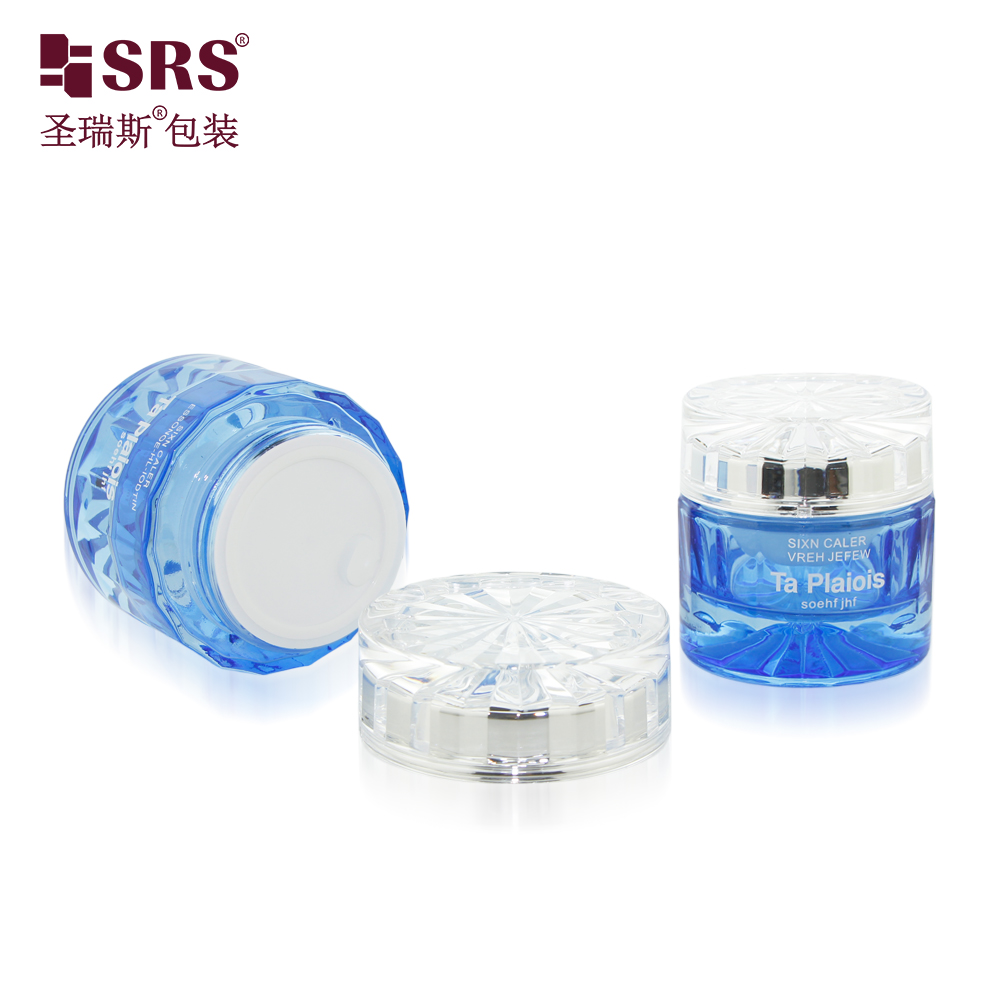 Hot Selling 30g 50g Luxury Cylinder Blue Skin Care Product Cosmetic Glass Bottle Jar Container Set