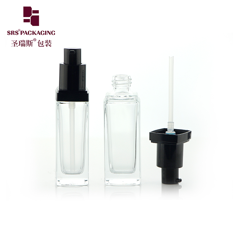 BL001 Square shape frosted glass 30ml empty pump lotion bottles with black pump