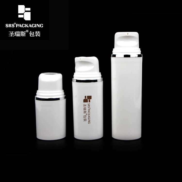 SRS high quality round shape small volume 15ml 30ml 50ml hot-stamping silver line on airless white bottle