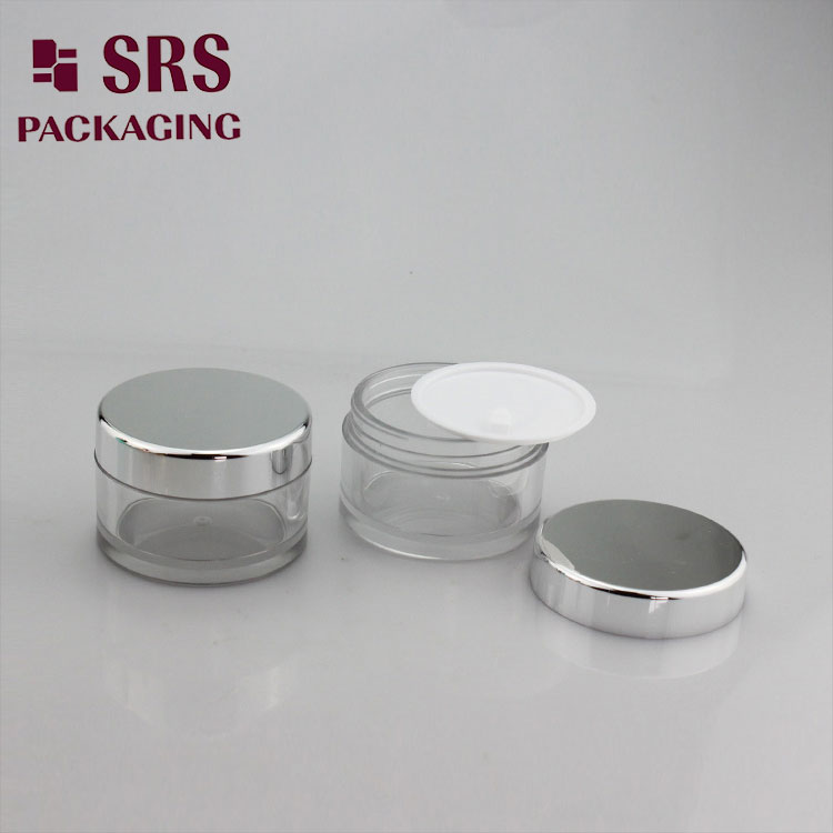 SRS 50ml empty plastic clear PETG cream jar with silver cap