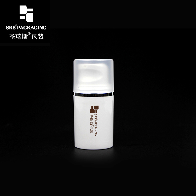 SRS high quality round shape small volume 15ml 30ml 50ml hot-stamping silver line on airless white bottle