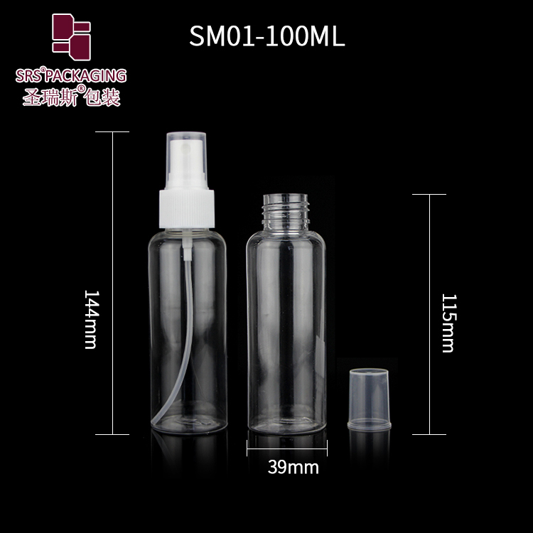 Cheap transparent 100ml pet bottle hot sale plastic spray pump container for alcohol