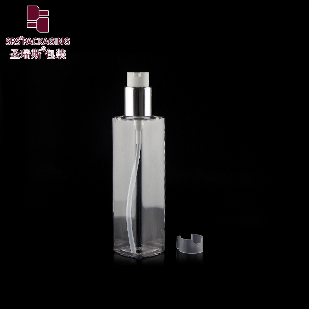 High Recycling PET Plastic Cosmetic Packaging Transparent Square Face Serum Bottle 180ml