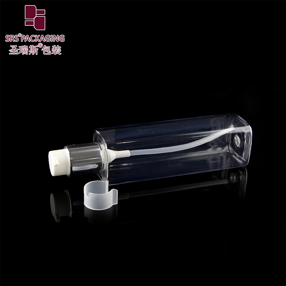 High Recycling PET Plastic Cosmetic Packaging Transparent Square Face Serum Bottle 180ml