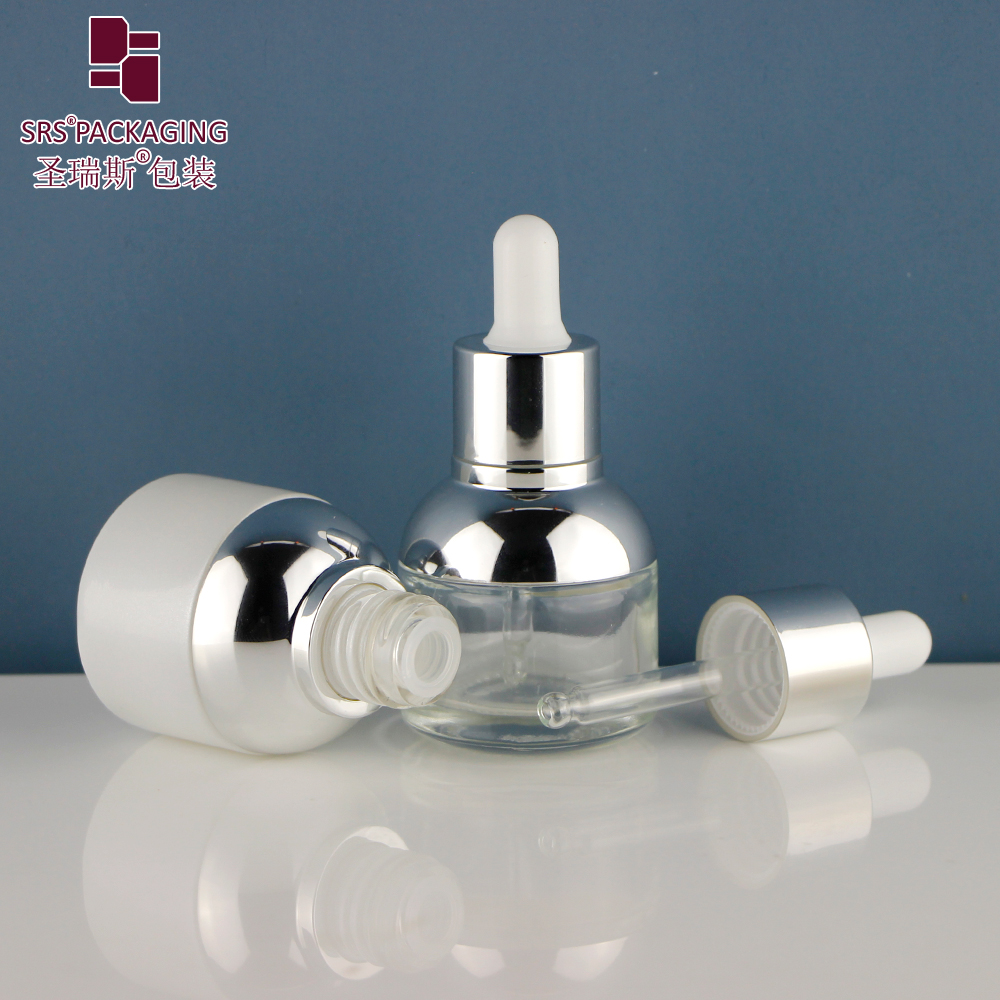 Luxury Round Empty 30ml frosted white clear glass dropper bottle With Silver Cover