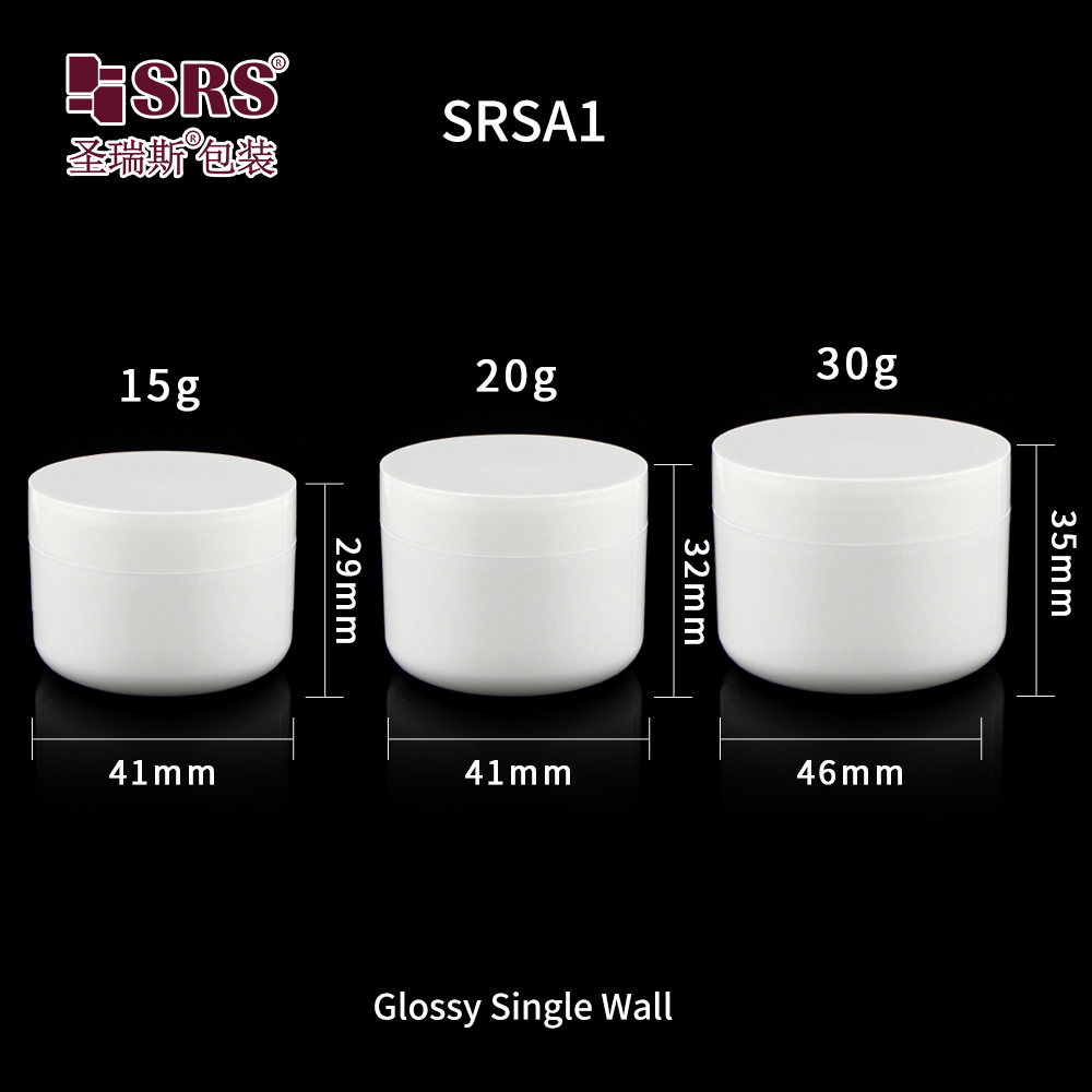 SRSA1 Cosmetic Cream Jar Packaging Custom White Glossy Single Wall PP PCR Plastic Jars 15ml 20ml 30ml
