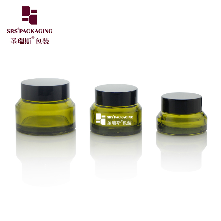 J318 Green Cosmetic Glass Packaging Jar 15ml 30ml 50ml with Black Screw Lid