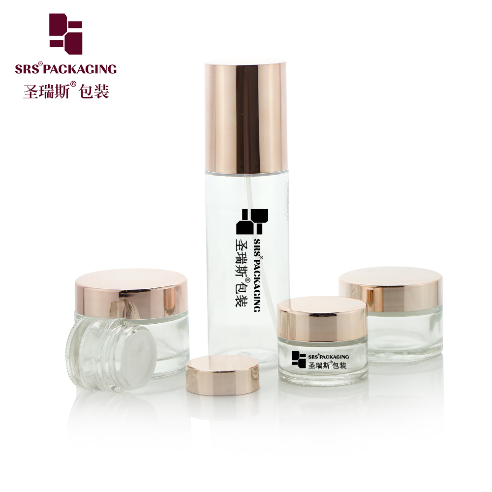 J319 Customized cosmetic glass cream jars 5ml 10ml 15ml 30ml 50ml clear jar with rose gold cap