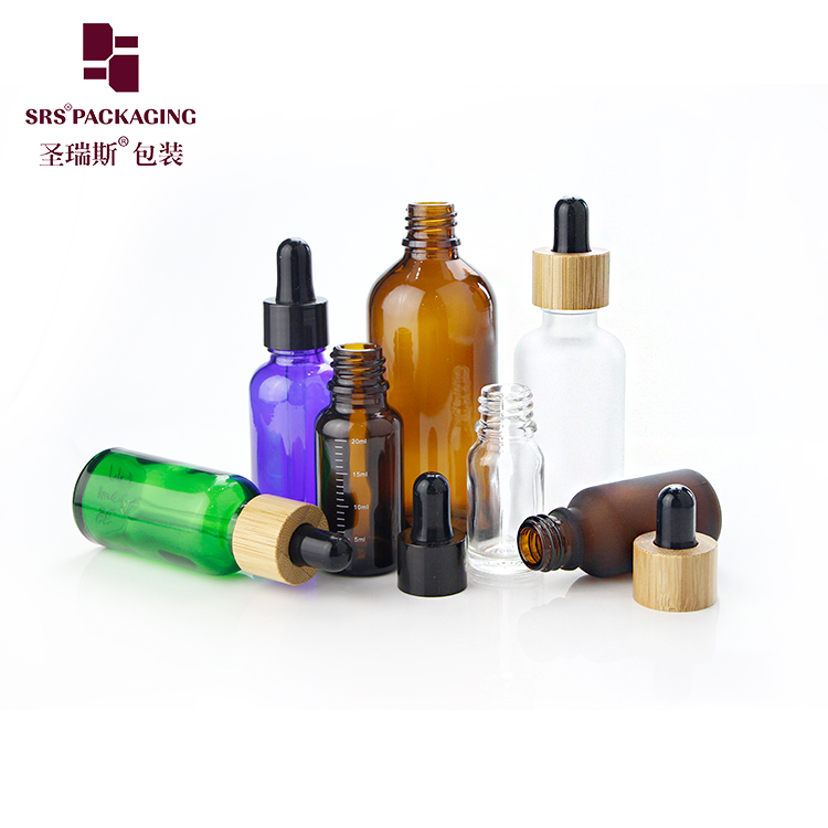 wholesale high quality thick wall glass bottle nature 30ml green blue amber frosted glossy  glass dropper bottle bamboo