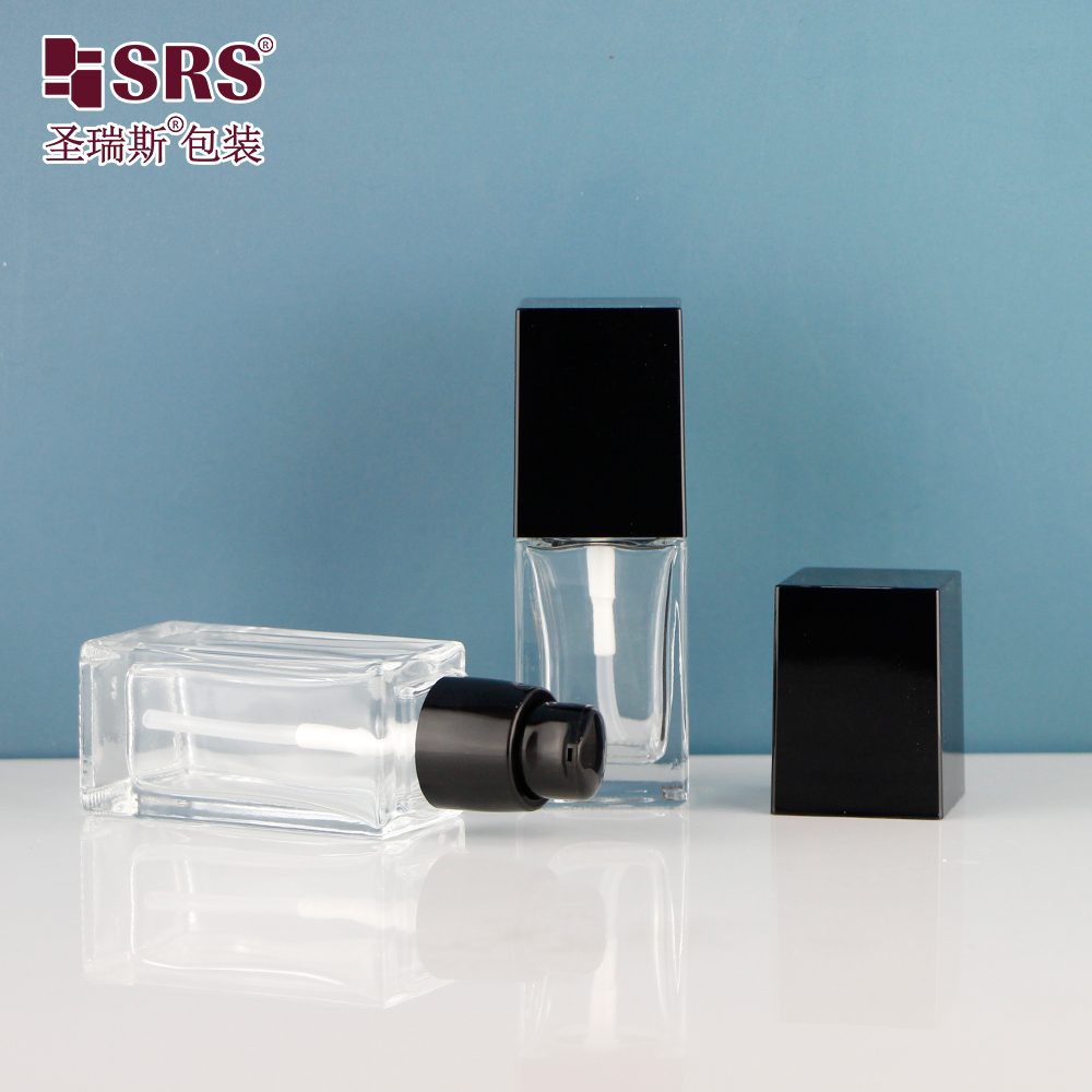 20ml 30ml Transparent Square Cosmetic Lotion Custom Glass Cosmetic Bottle