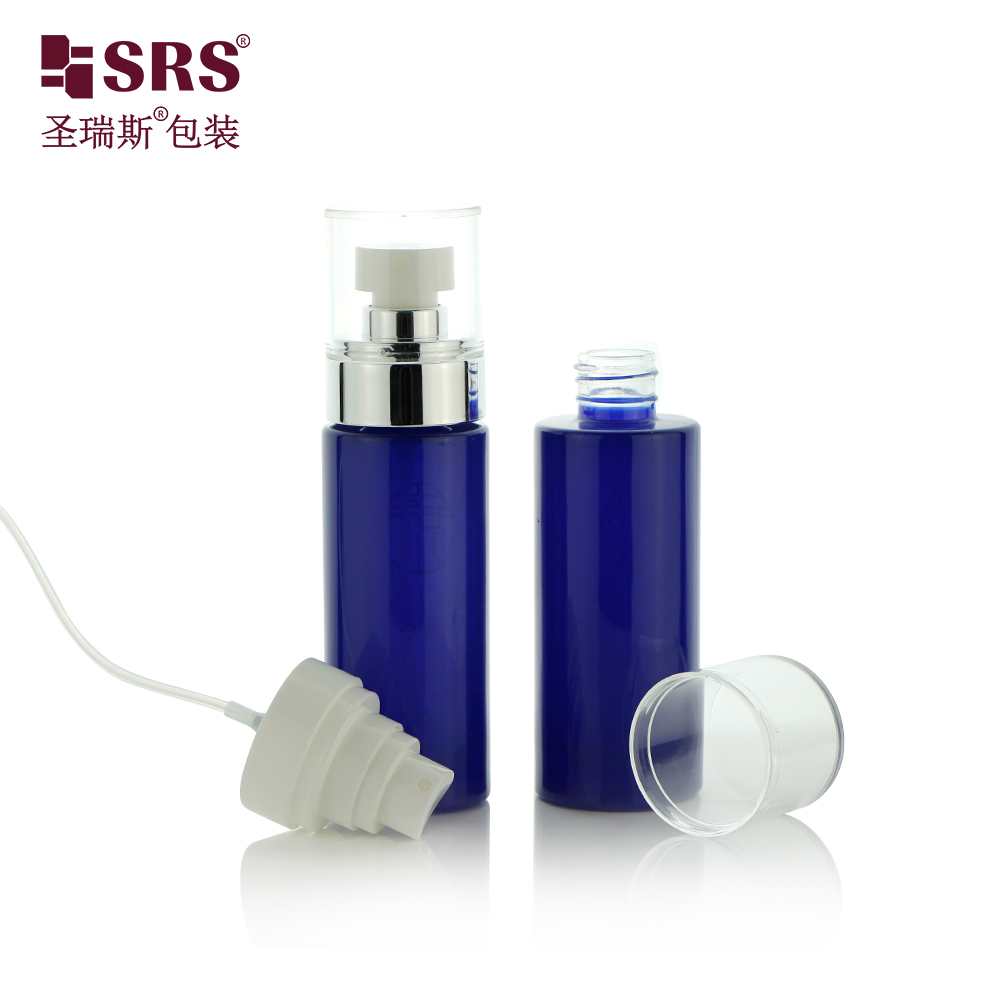 Metalized blue color 60ml glass lotion bottle with pump spray packaging