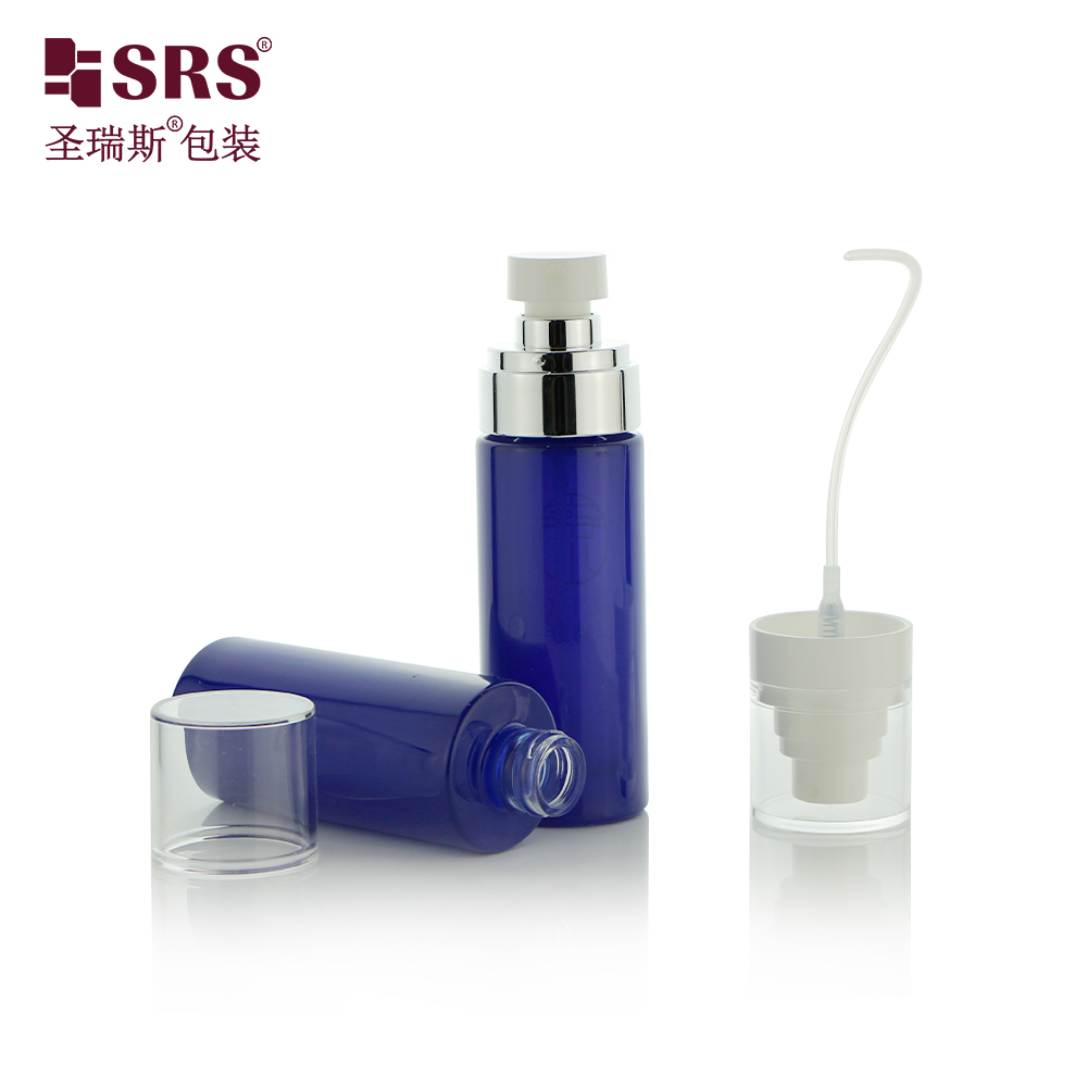 Metalized blue color 60ml glass lotion bottle with pump spray packaging