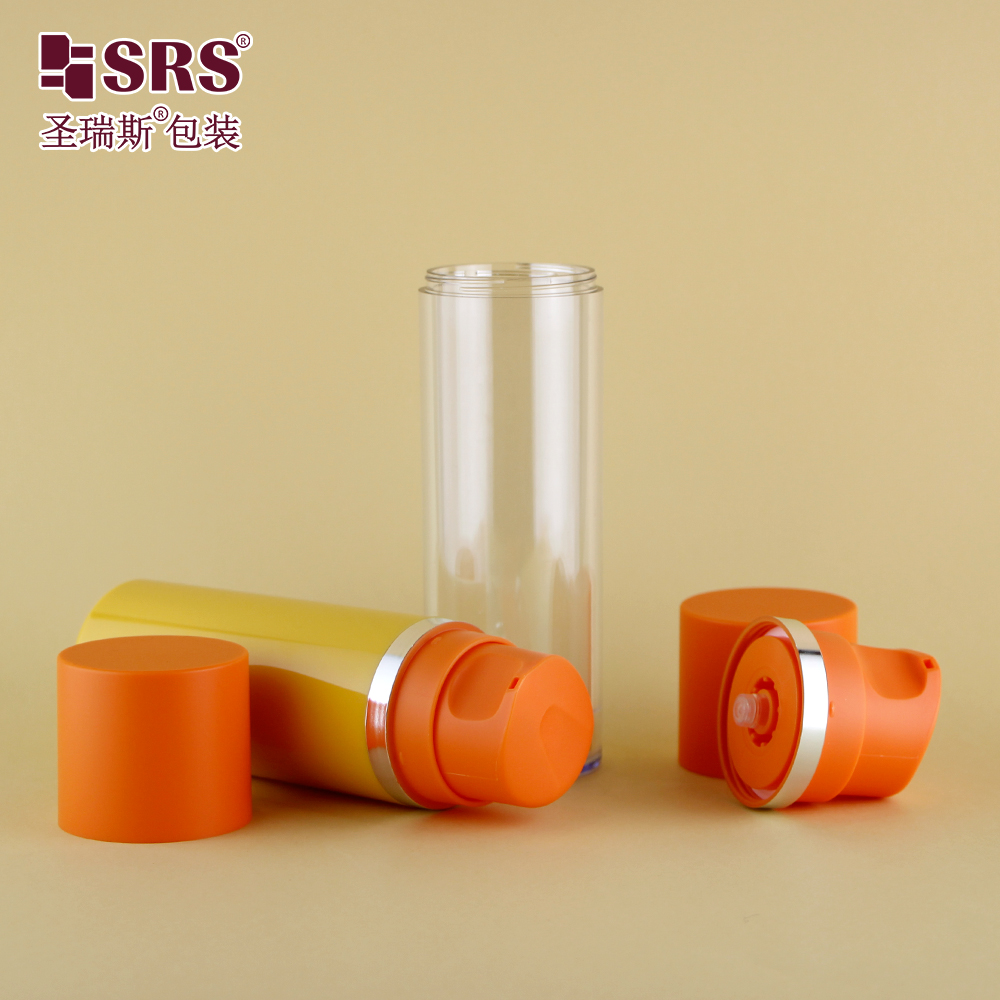 50ml 120ml 180ml Empty Plastic Bottle with Airless Pump Yellow Bottle with Orange Collar For Cosmetic Packaging