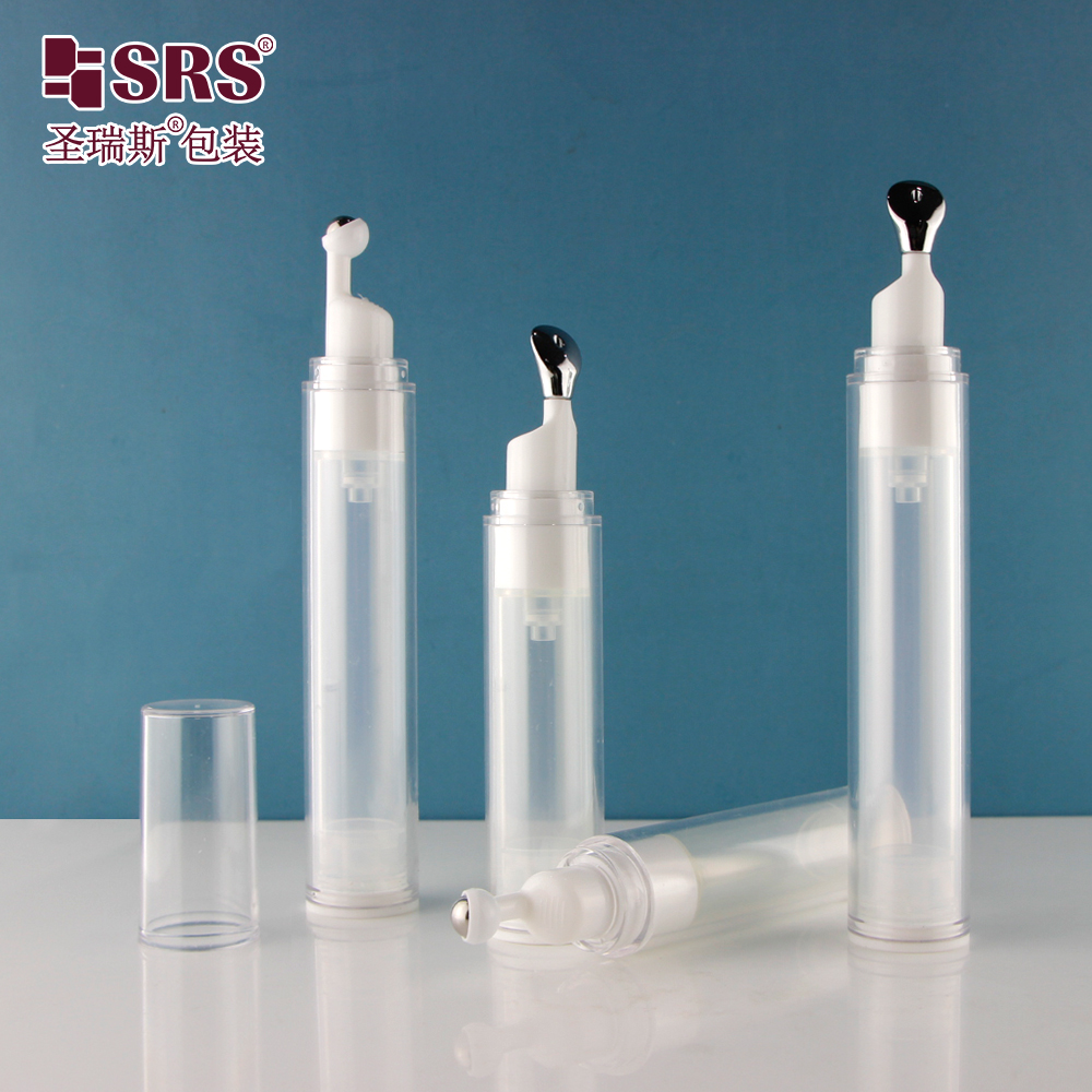 Transparent AS plastic 10ml eye cream bottle 15ml airless pump roller applicator empty packaging
