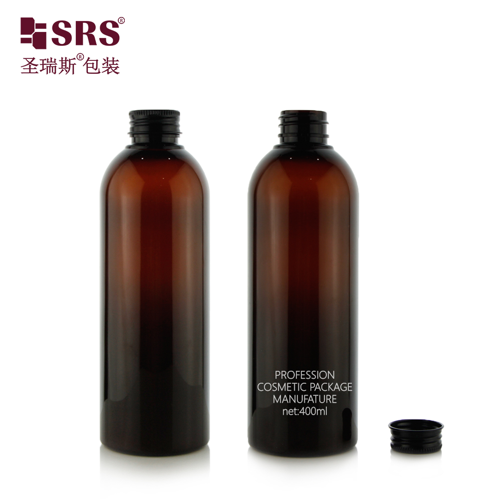 Round Shape Empty 400 ml PET Bottles Amber Color Round Shoulder Cosmetic Packaging