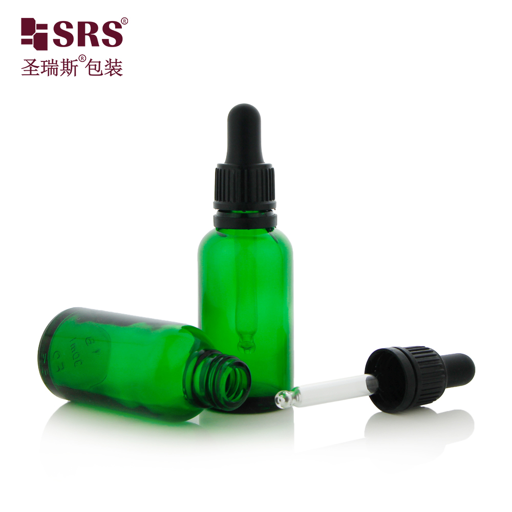 Green Colored Tamper Evident Glass Dropper Bottle for Oil with Glass Pipette Black Deep Skirt  Rib Side Collar