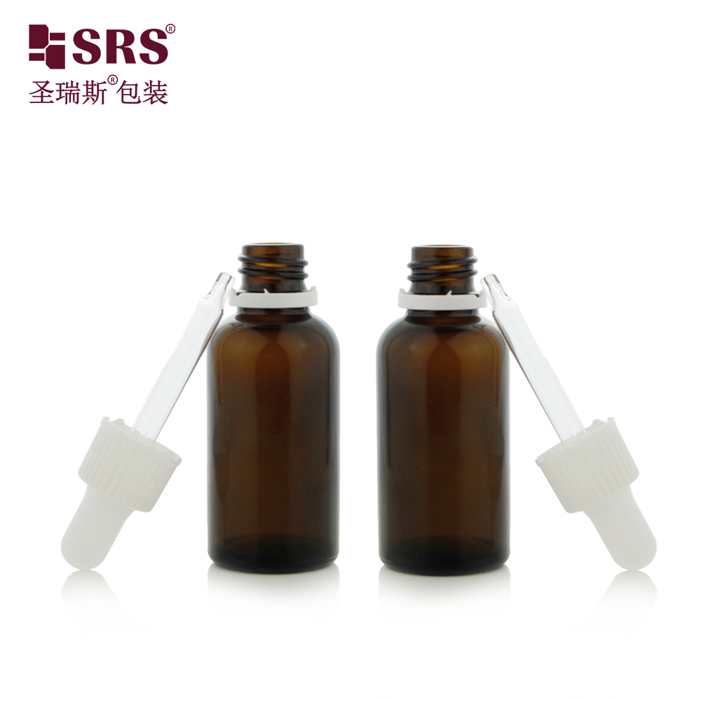 Wholesale Customized Amber Glass Bottle with Dropper Tamper Evident Cap Dropper With White Rib Side Collar