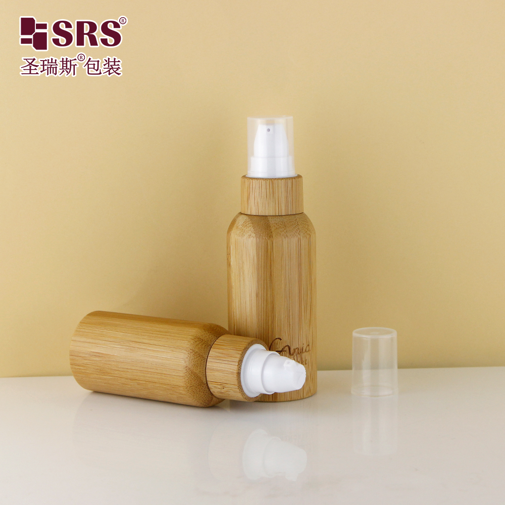 Round Shape Customization Logo Available Pump Facial Serum Cosmetic Bamboo Lotion Bottle
