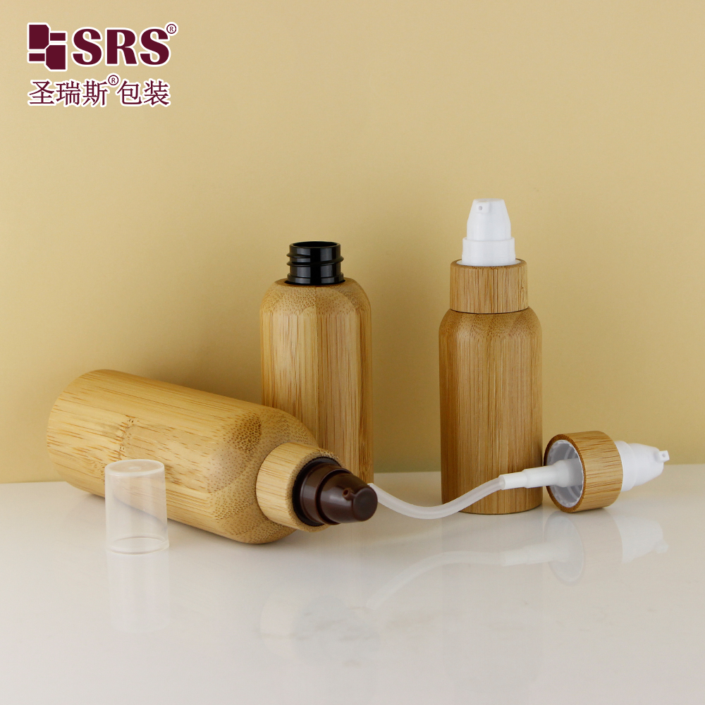 Round Shape Customization Logo Available Pump Facial Serum Cosmetic Bamboo Lotion Bottle