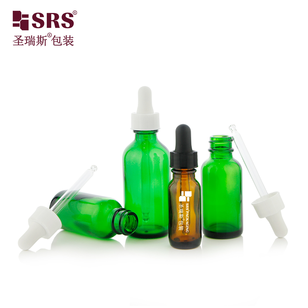 15ml 30ml 60ml Green Glass Boston Round Shape Dropper Lid Bottle For Essential Oil