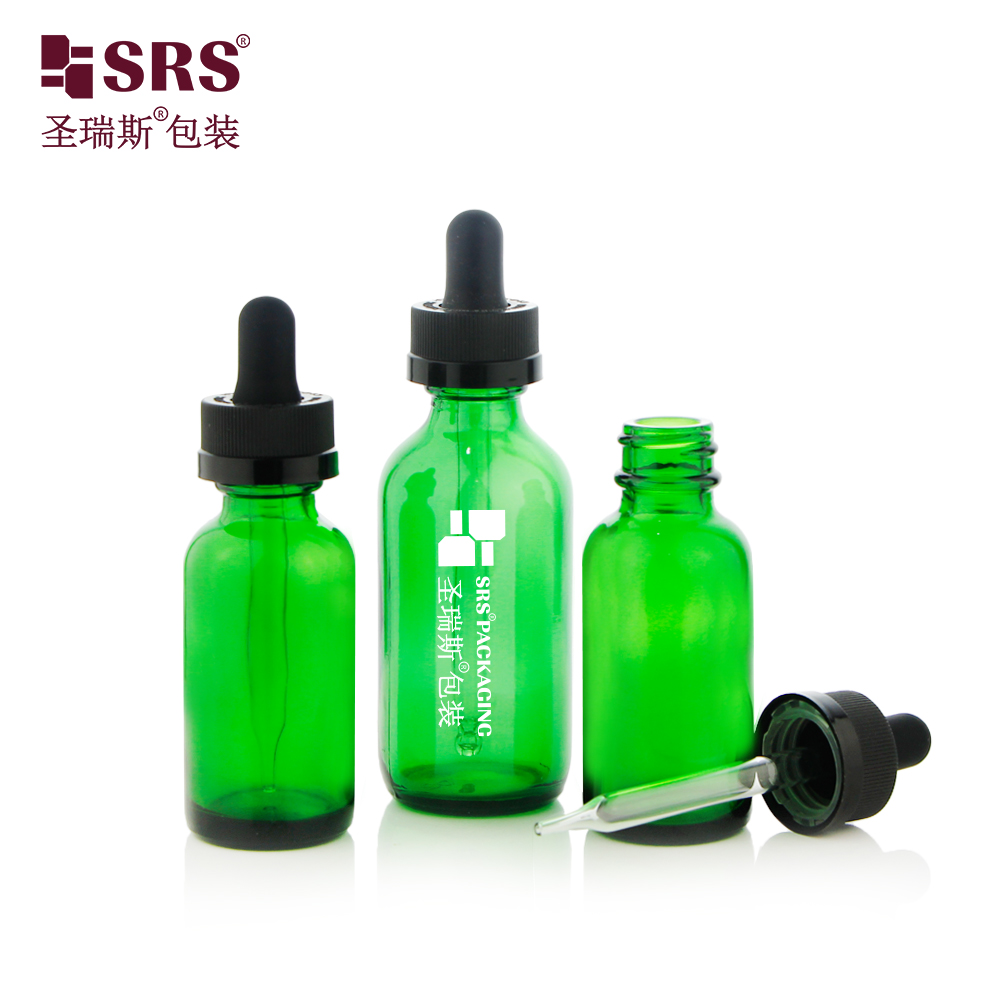  Transparent Amber Green Cosmetics Oil Serum Boston Glass Bottle With Children Proof Cap 15ml 30ml 60ml