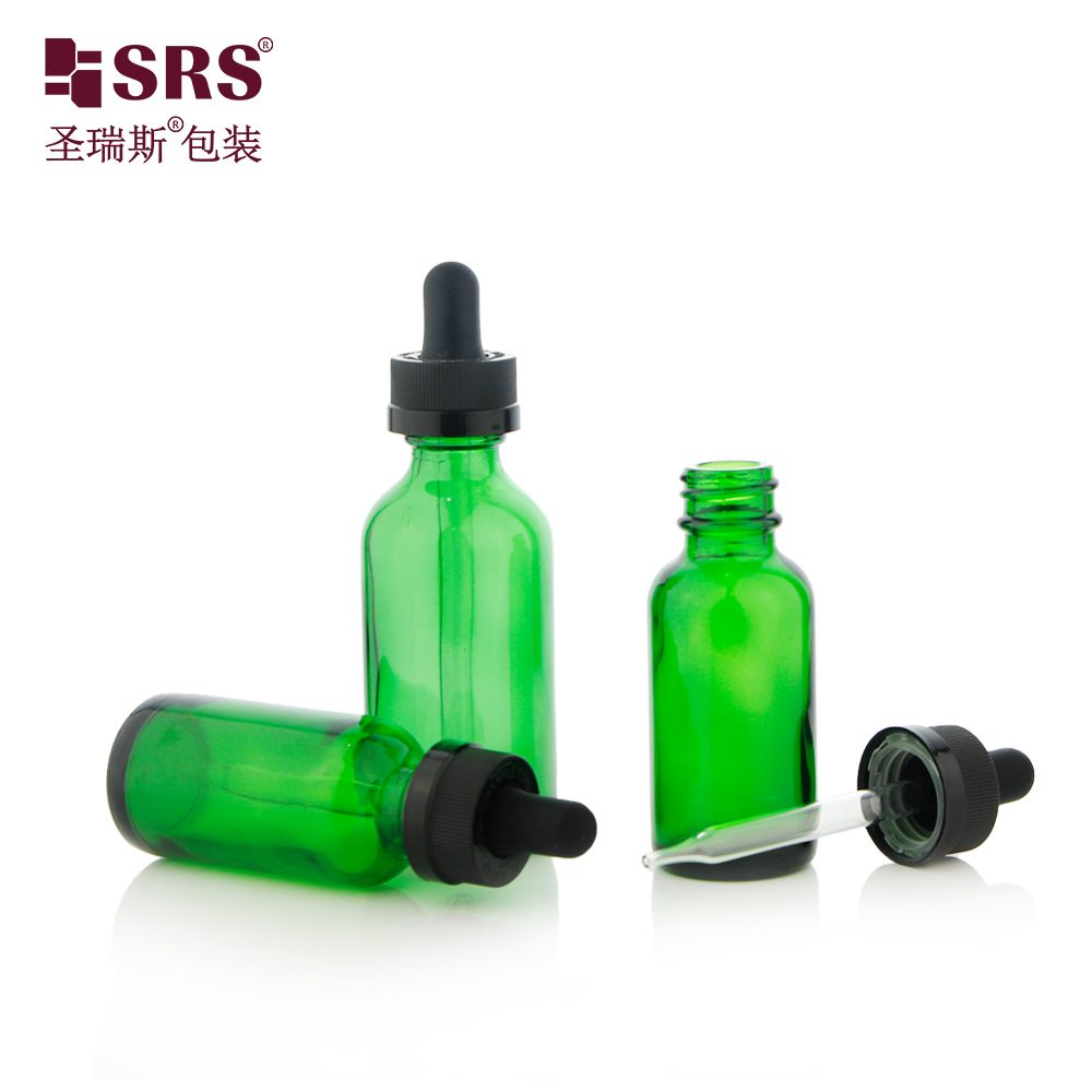  Transparent Amber Green Cosmetics Oil Serum Boston Glass Bottle With Children Proof Cap 15ml 30ml 60ml