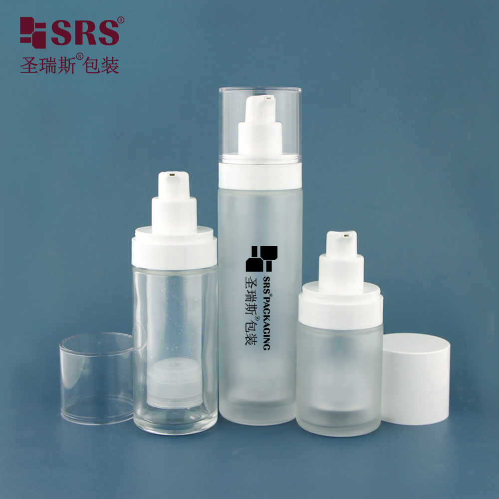 Replaceable Empty Clear Glass Lotion Pump Bottles Customization Logo Printing Airless Bottle 30 ml