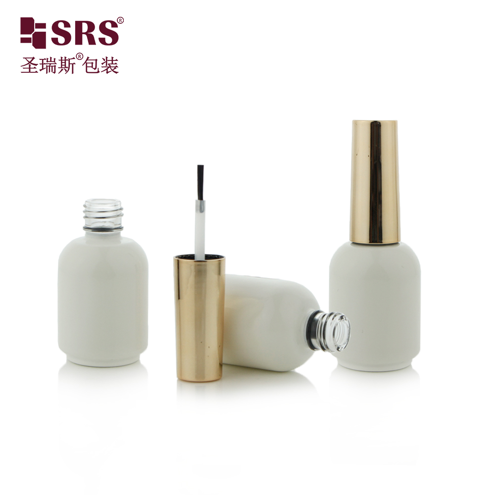 Round Paint White Glass Bottles With Shiny Gold Lid Brush Empty Nail Polish Bottle 15ml