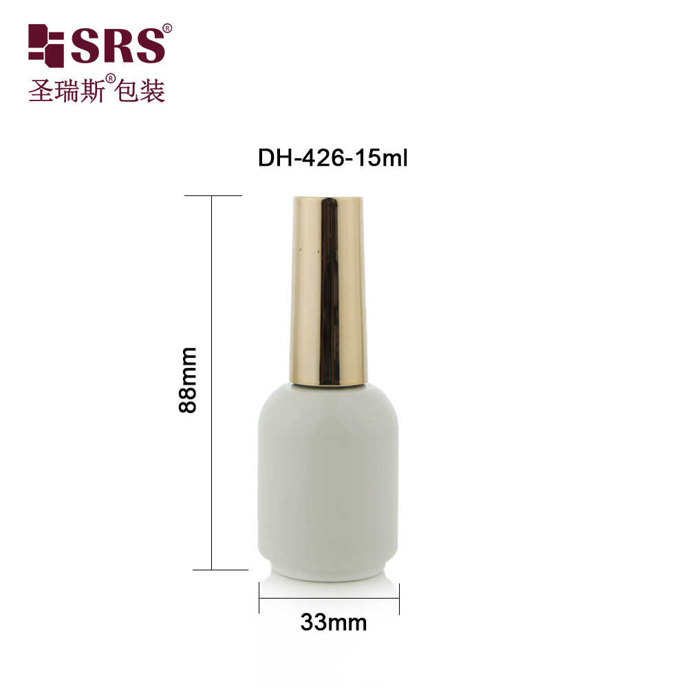 Round Paint White Glass Bottles With Shiny Gold Lid Brush Empty Nail Polish Bottle 15ml