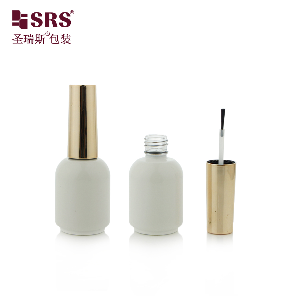 Round Paint White Glass Bottles With Shiny Gold Lid Brush Empty Nail Polish Bottle 15ml