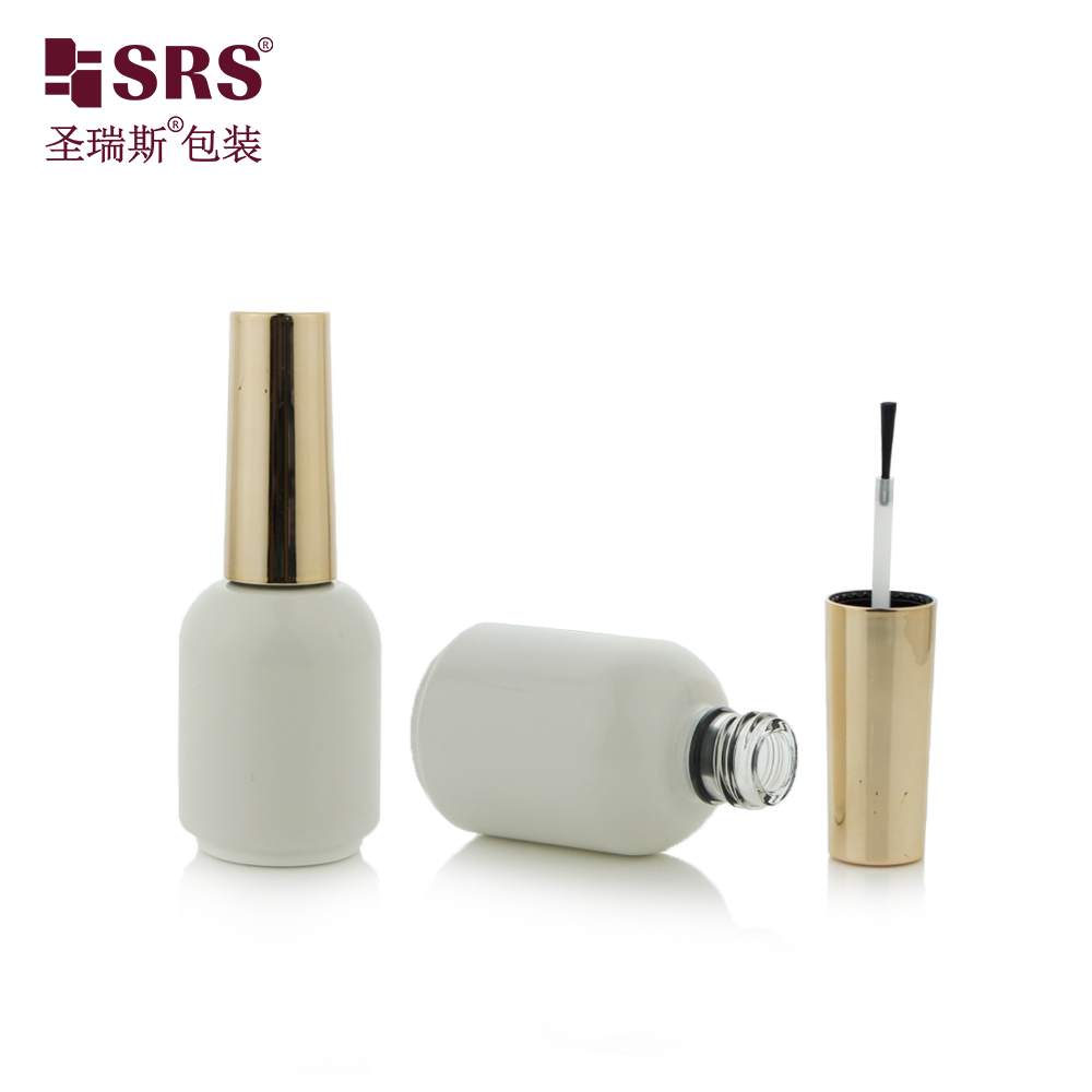 Round Paint White Glass Bottles With Shiny Gold Lid Brush Empty Nail Polish Bottle 15ml