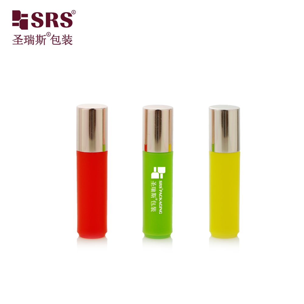 Eco-friendly PP Plastic Mini Round Empty Bright Perfume Sample Packaging Bottle with Steel Roller Ball Rose Gold Cap