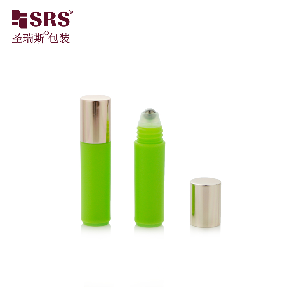 Eco-friendly PP Plastic Mini Round Empty Bright Perfume Sample Packaging Bottle with Steel Roller Ball Rose Gold Cap