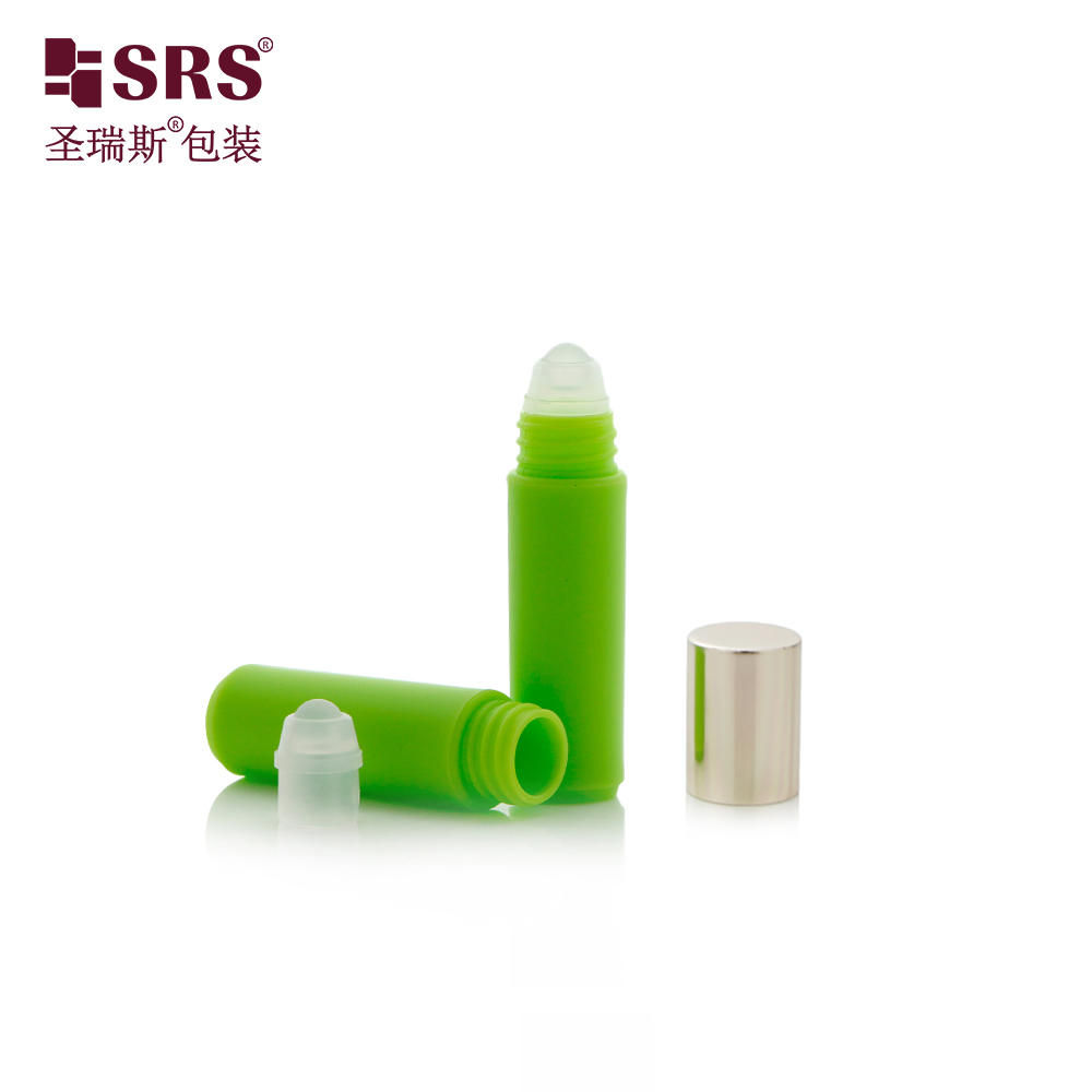 Eco-friendly PP Plastic Mini Round Empty Bright Perfume Sample Packaging Bottle with Steel Roller Ball Rose Gold Cap