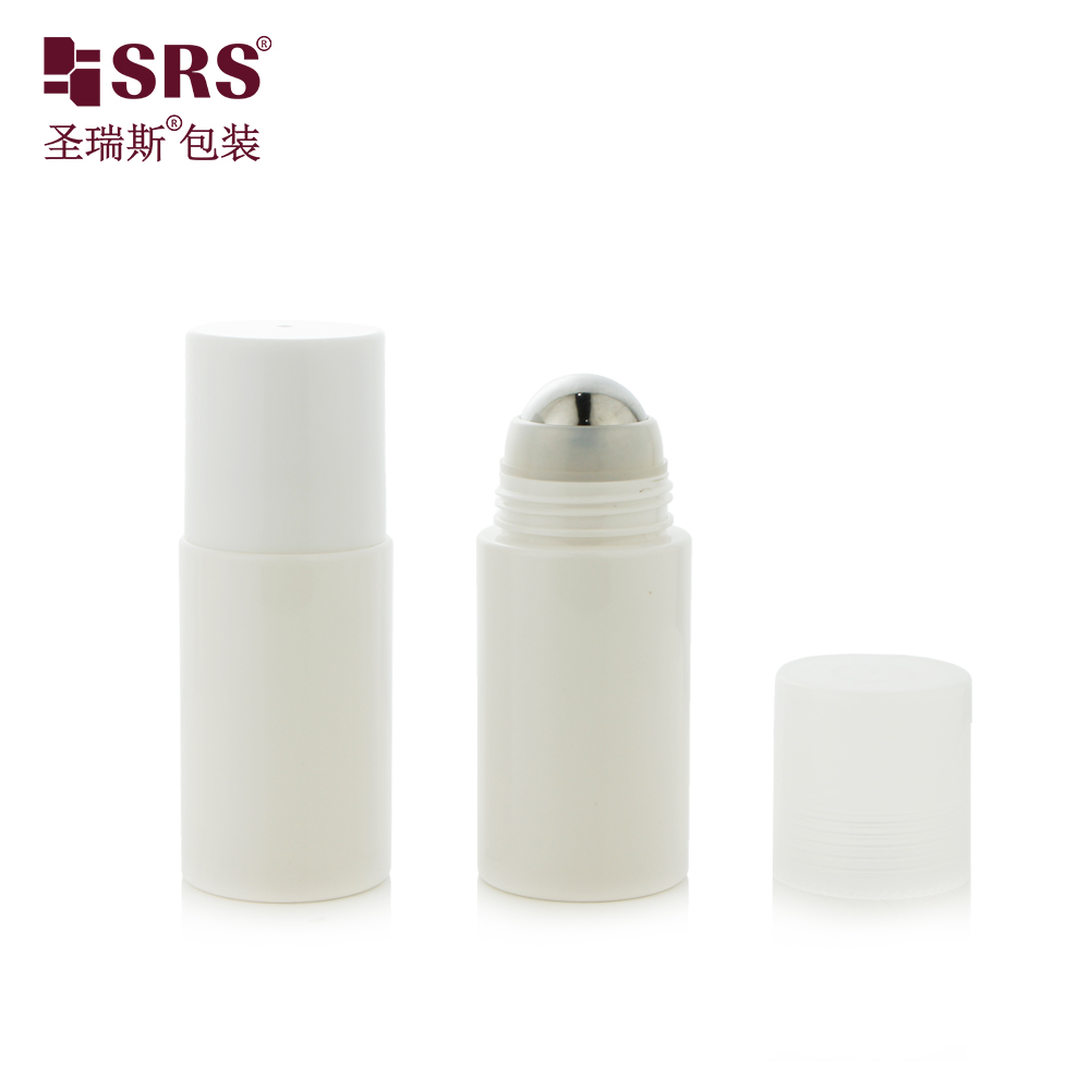 Empty Glossy White Colored Refillable PET Plastic Personal Care Deodorant Bottle With Big Steel Massage Roller Ball