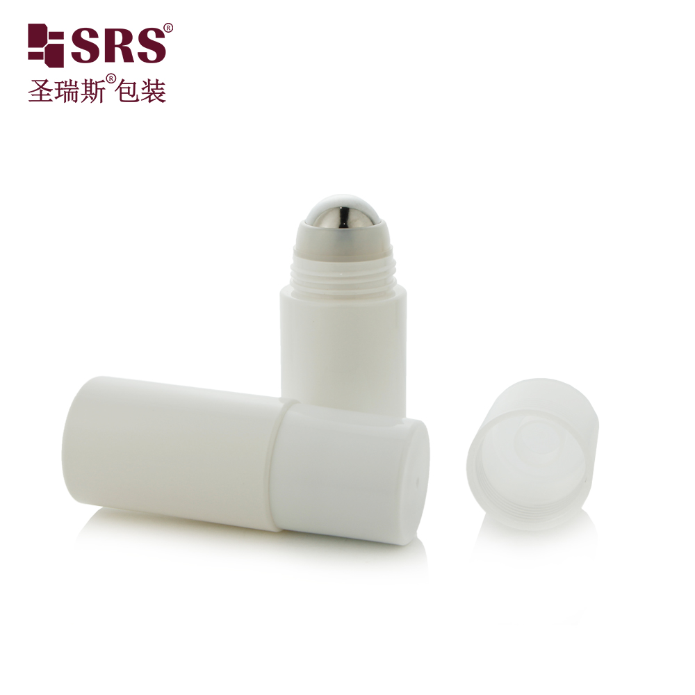 Empty Glossy White Colored Refillable PET Plastic Personal Care Deodorant Bottle With Big Steel Massage Roller Ball