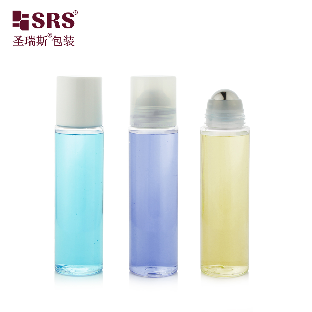 Glossy Finish Empty Clear Personal Care PET PCR Plastic Roller Bottle Container with Cool Metal Ball for Muscle Ease