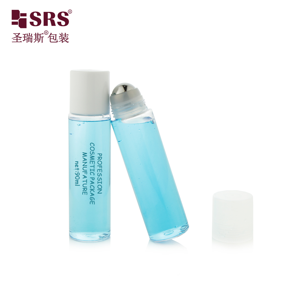 Glossy Finish Empty Clear Personal Care PET PCR Plastic Roller Bottle Container with Cool Metal Ball for Muscle Ease