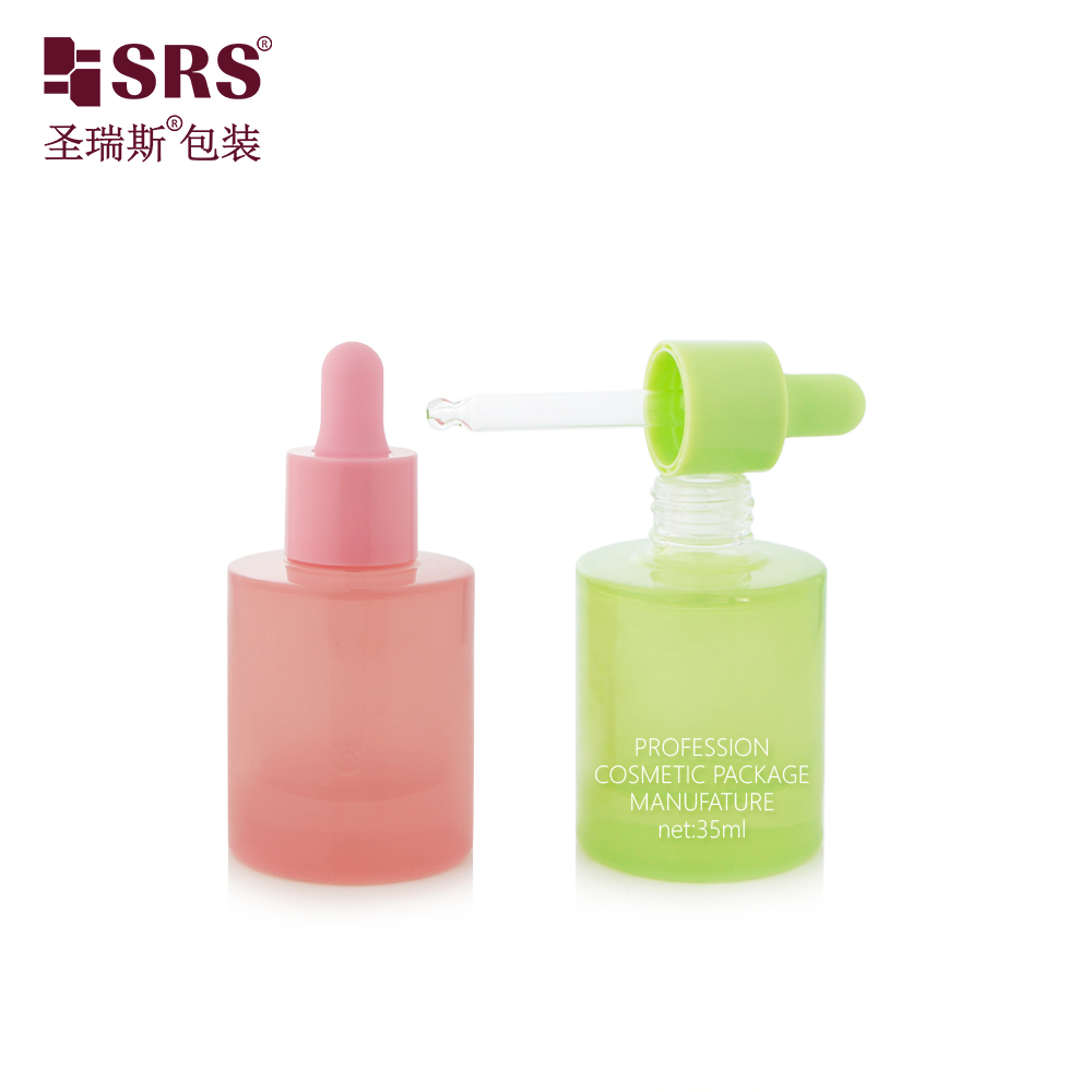 PAG016-35ML Empty Custom Coating Pastel Green Pink Jelly Colored Heavy Glass Bottle with Plastic Collar Dropper Pipette